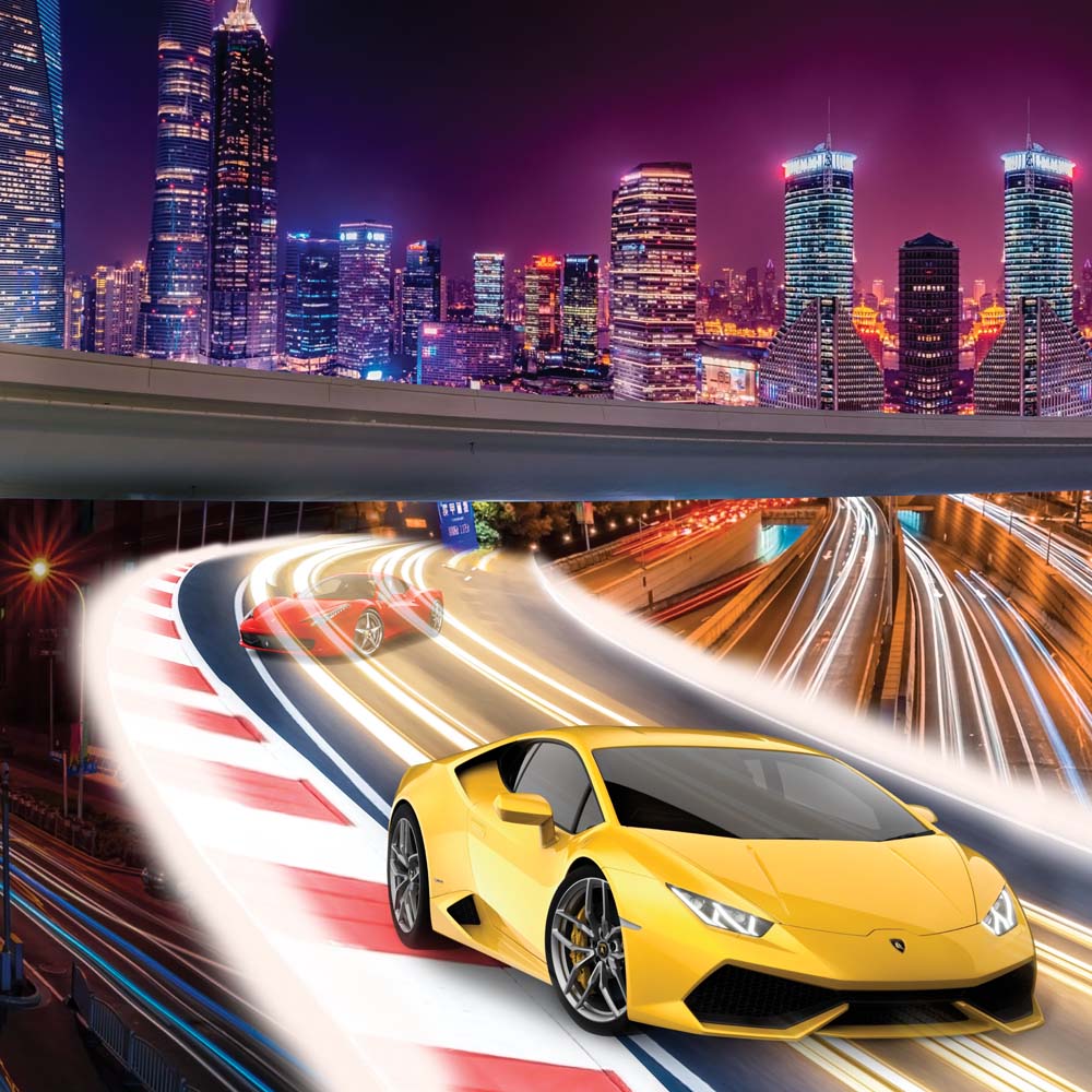 Dynamic City Racing Wall Mural - Vibrant Night Skyline with Sports Cars