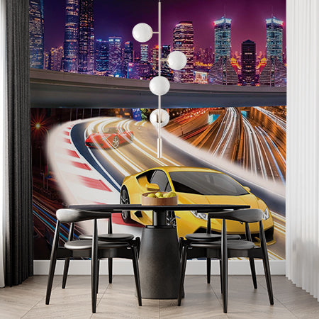 Dynamic City Racing Wall Mural - Vibrant Night Skyline with Sports Cars