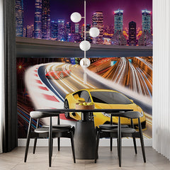 Custom Dynamic City Racing Wall Mural - Vibrant Night Skyline with Sports Cars