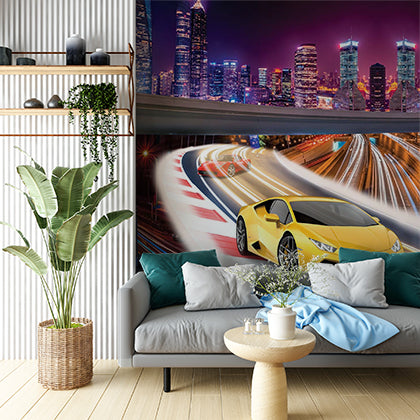 Dynamic City Racing Wall Mural - Vibrant Night Skyline with Sports Cars