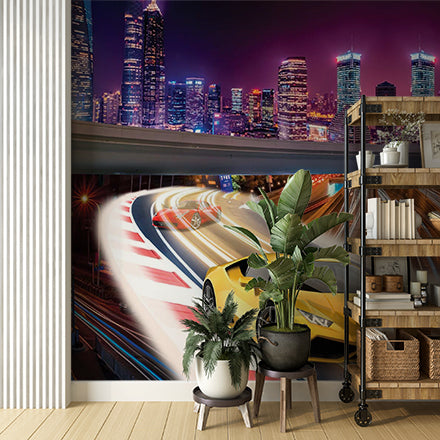 Dynamic City Racing Wall Mural - Vibrant Night Skyline with Sports Cars