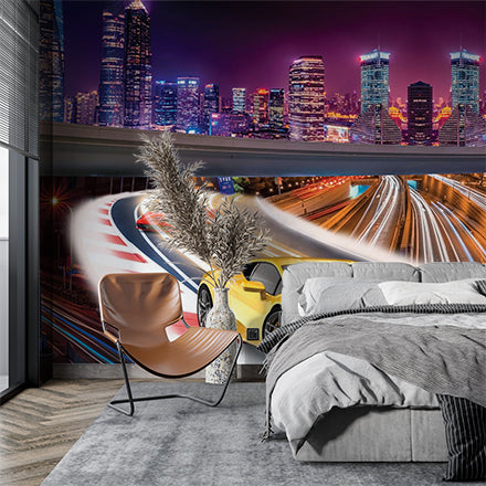 Dynamic City Racing Wall Mural - Vibrant Night Skyline with Sports Cars