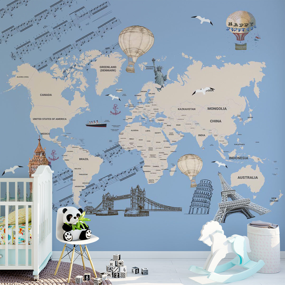 Kids World Map with Countries Wall Mural Decals Posters for Girls Boys Baby Wallpaper for Kids