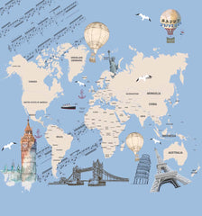 Custom Kids World Map with Countries Wall Mural Decals Posters for Girls Boys Baby Wallpaper for Kids