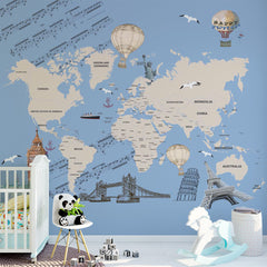 Custom Kids World Map with Countries Wall Mural Decals Posters for Girls Boys Baby Wallpaper for Kids