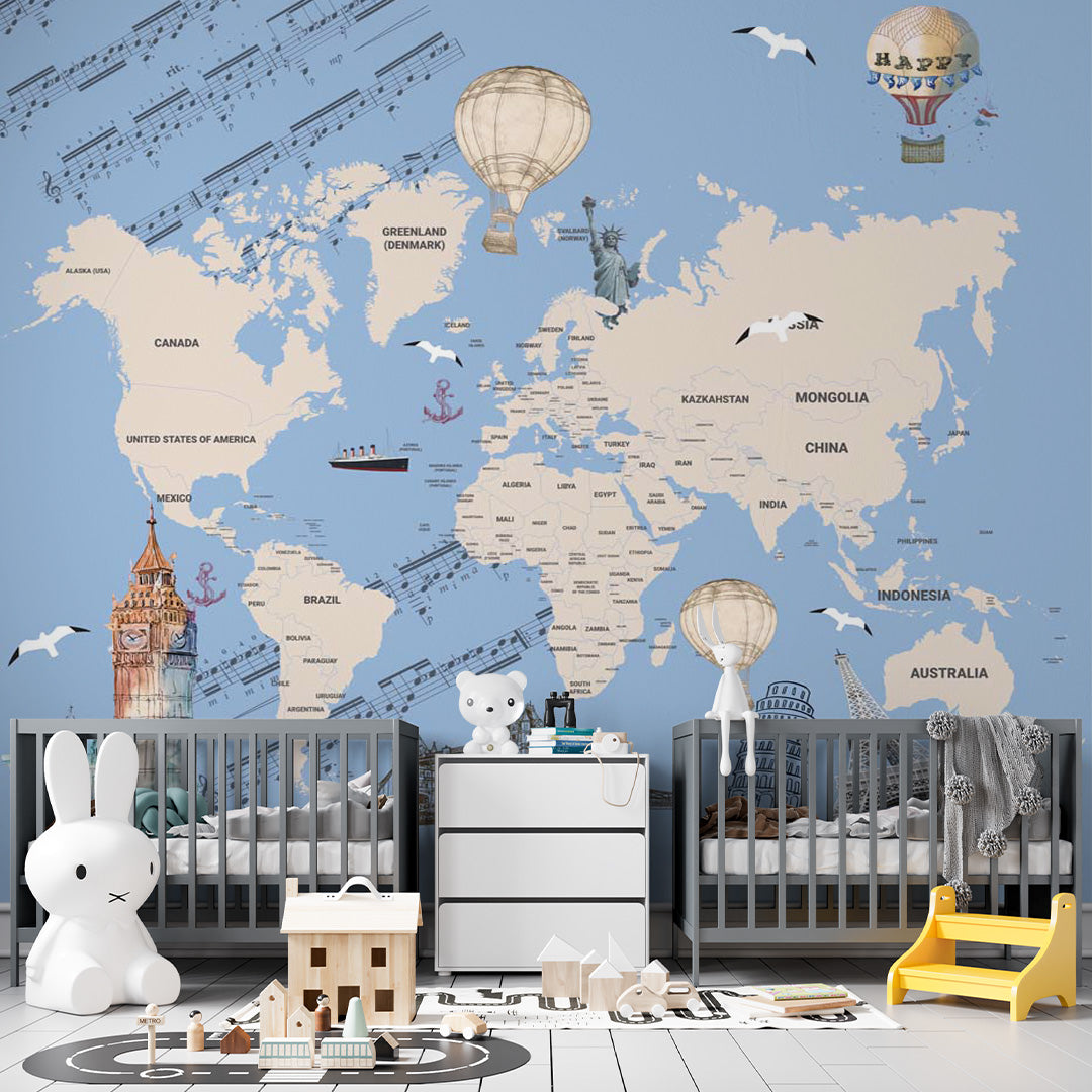 Custom Kids World Map with Countries Wall Mural Decals Posters for Girls Boys Baby Wallpaper for Kids