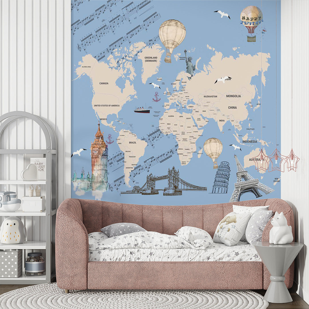 Kids World Map with Countries Wall Mural Decals Posters for Girls Boys Baby Wallpaper for Kids