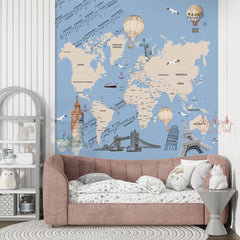 Custom Kids World Map with Countries Wall Mural Decals Posters for Girls Boys Baby Wallpaper for Kids