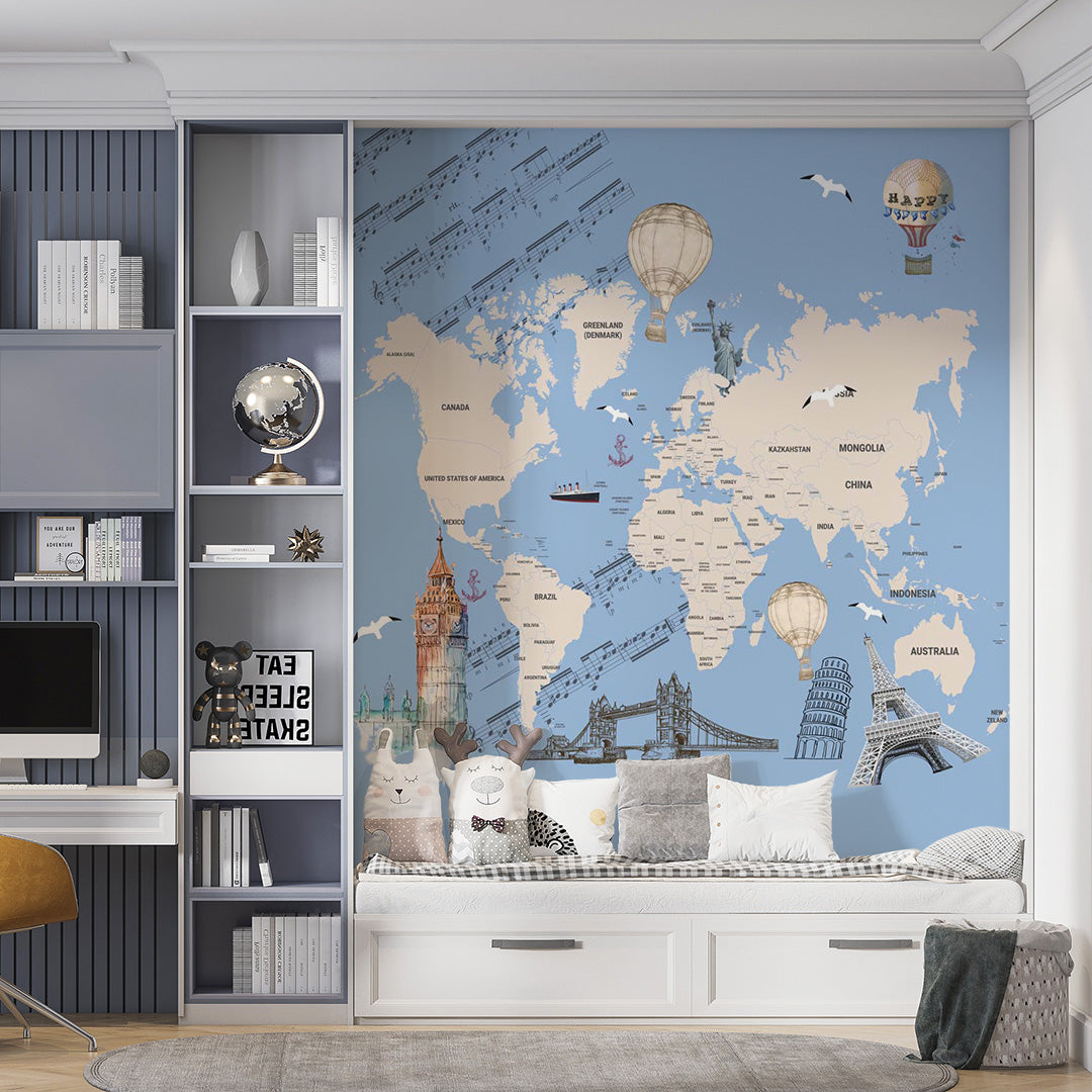 Kids World Map with Countries Wall Mural Decals Posters for Girls Boys Baby Wallpaper for Kids