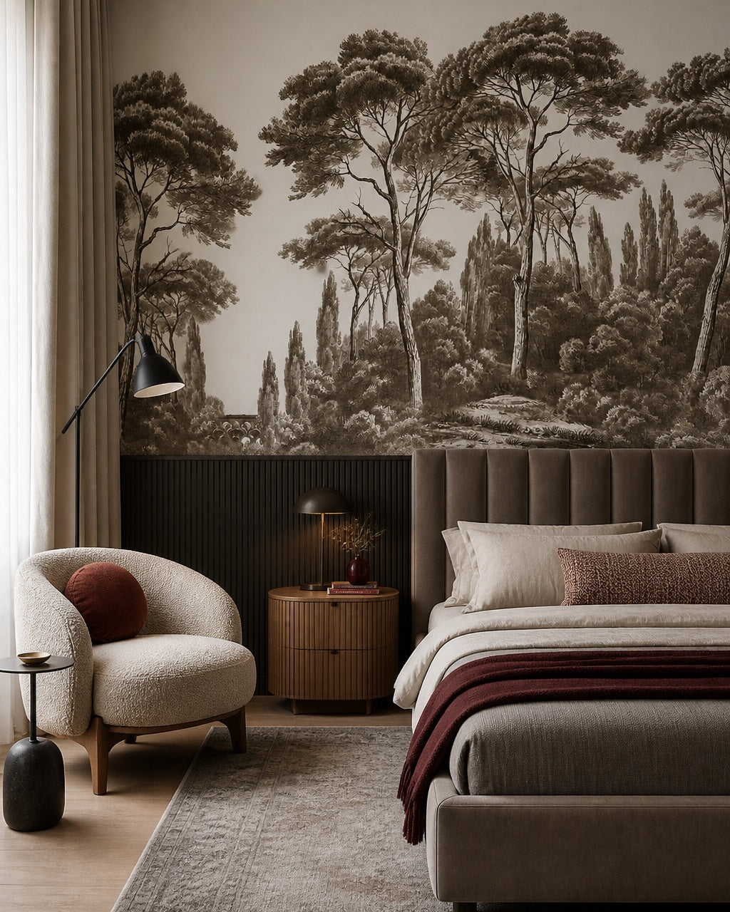 Sepia umbrella pines wallpaper in a designer bedroom.