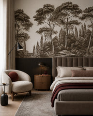 Sepia umbrella pines wallpaper in a designer bedroom.