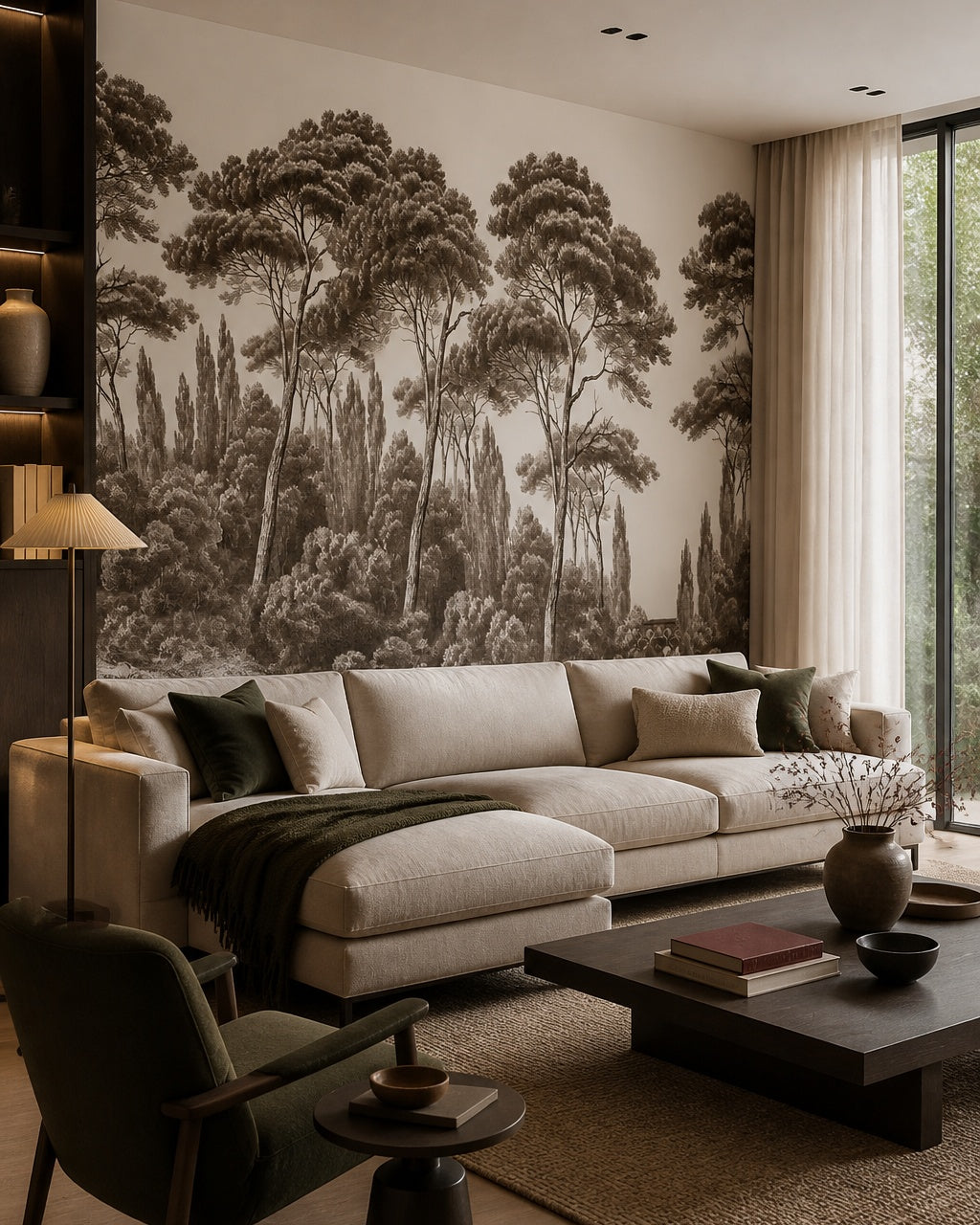 Sepia umbrella pines wallpaper in a designer living room.