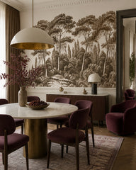 Sepia umbrella pines wallpaper in a refined dining area.