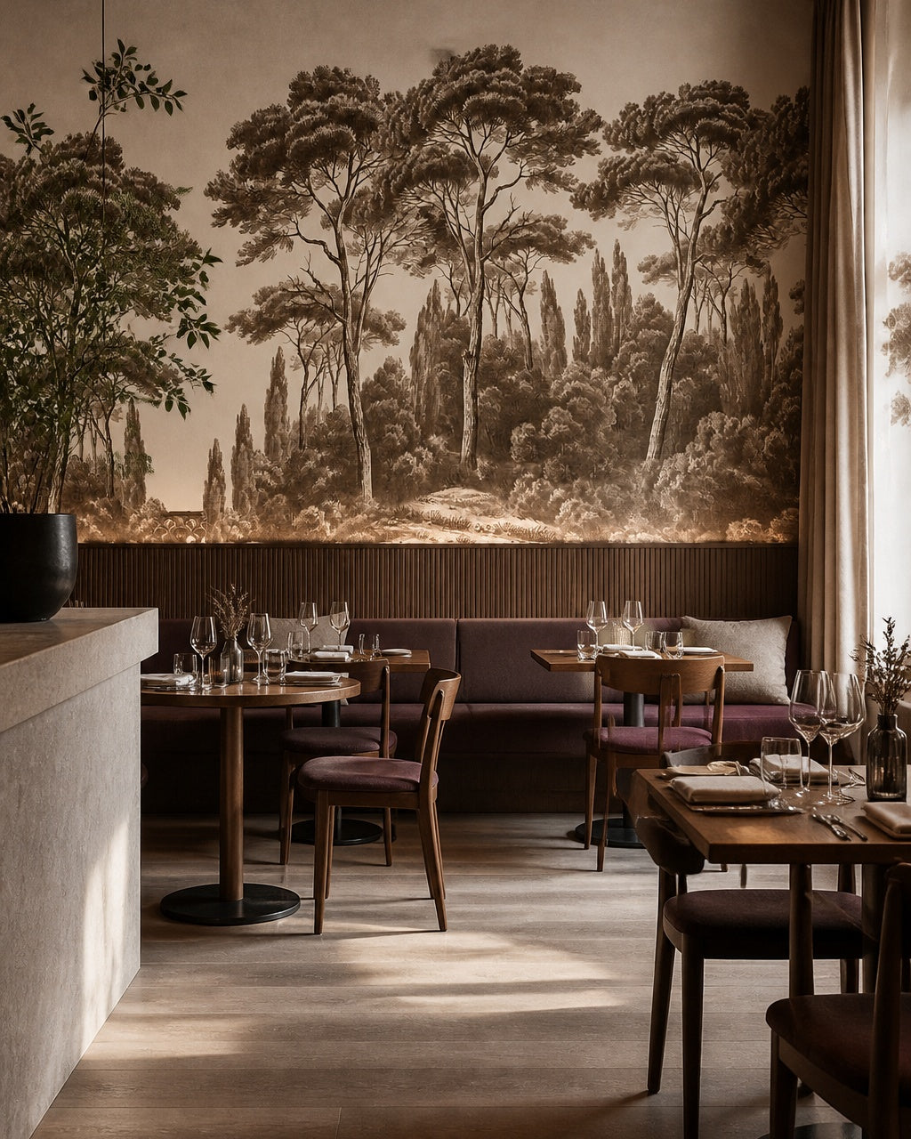 Sepia umbrella pines wallpaper in a restaurant.