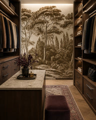 Sepia umbrella pines wallpaper in a walk-in wardrobe.
