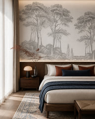 Grey engraving trees wallpaper in a designer bedroom.
