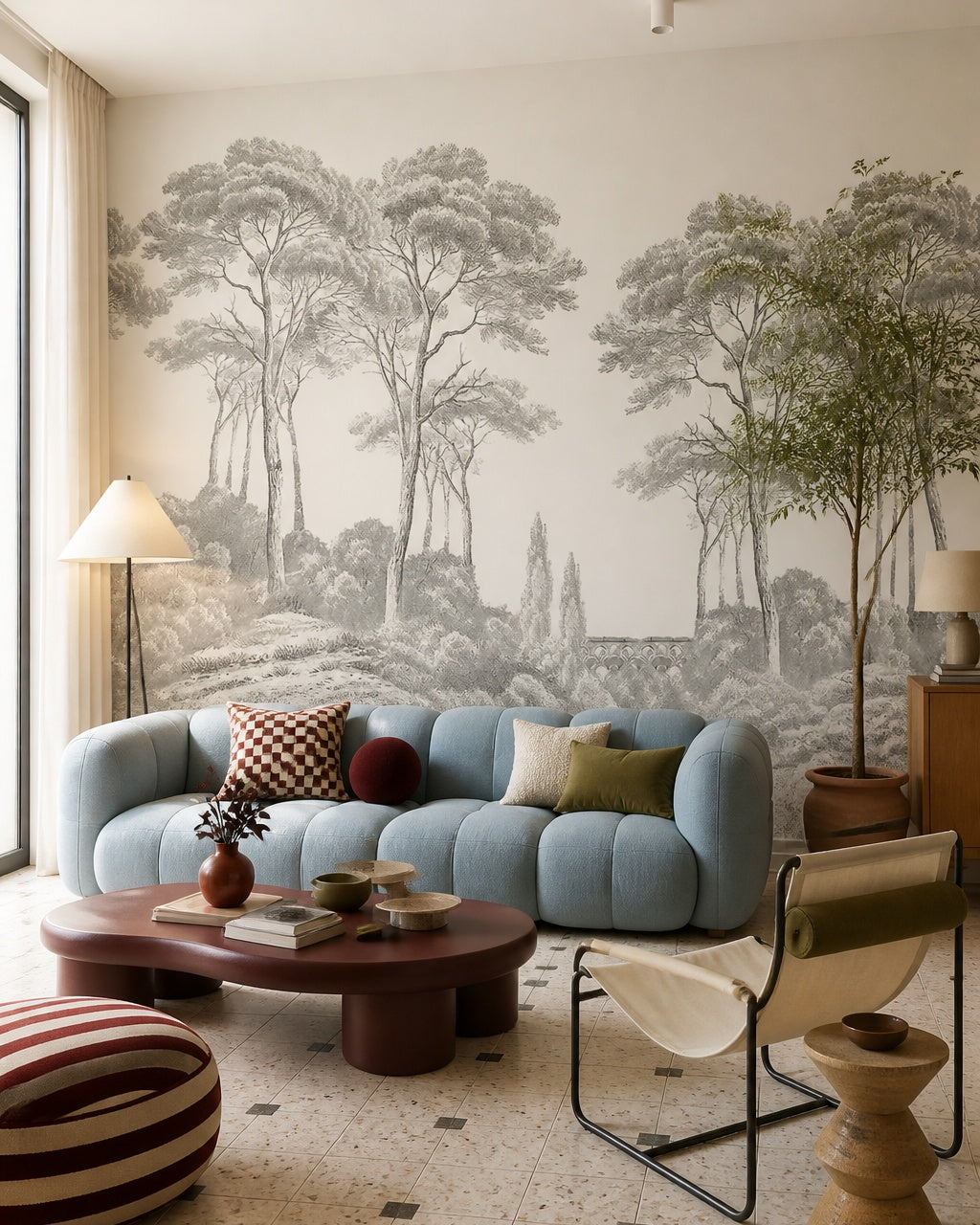 Grey engraving trees wallpaper in a designer living room.