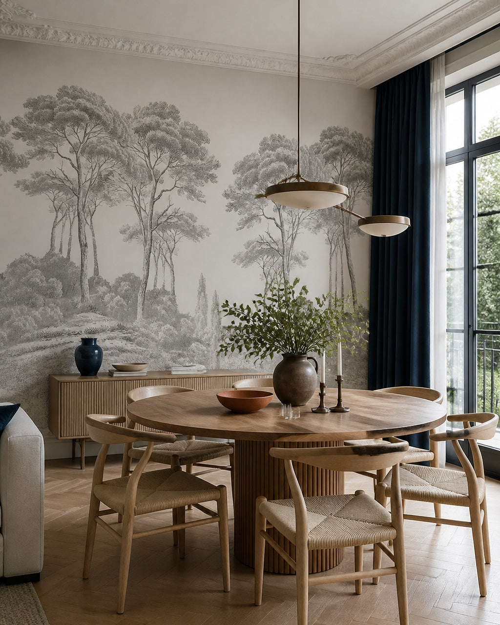 Grey engraving trees wallpaper in a refined dining area.