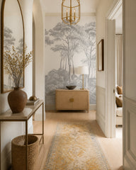 Grey engraving trees wallpaper in an architectural hallway.