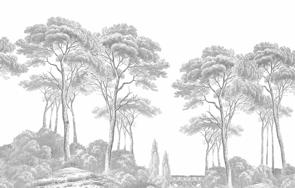 Papier peint arbres en gravure grise – Papier peint panoramique forêt vintage noir et blanc