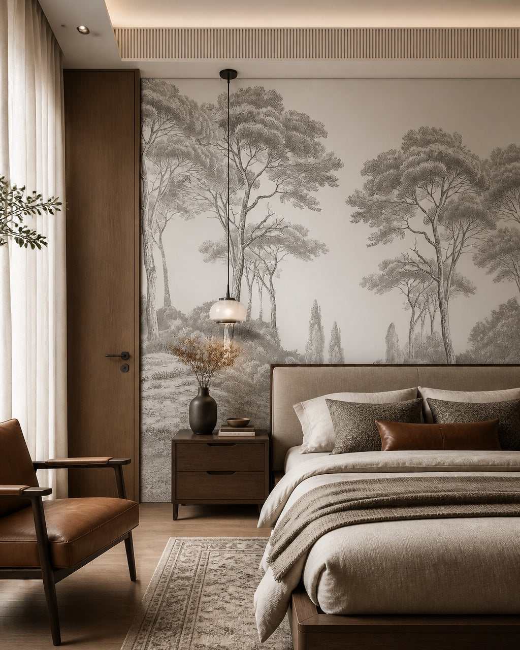 Classic grey forest engraving wallpaper in a designer bedroom.