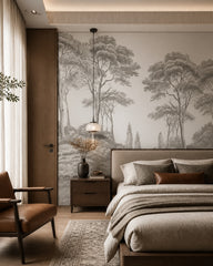 Classic grey forest engraving wallpaper in a designer bedroom.