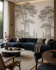 Classic grey forest engraving wallpaper in a designer living room.