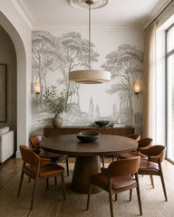 Classic grey forest engraving wallpaper in a refined dining area.