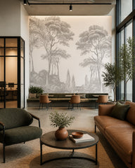 Classic grey forest engraving wallpaper in a creative office lounge.