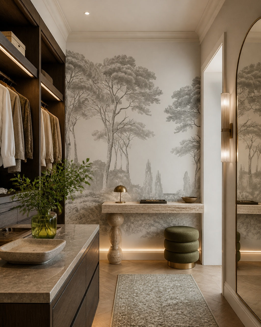 Classic grey forest engraving wallpaper in a walk-in wardrobe.