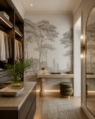Classic grey forest engraving wallpaper in a walk-in wardrobe.