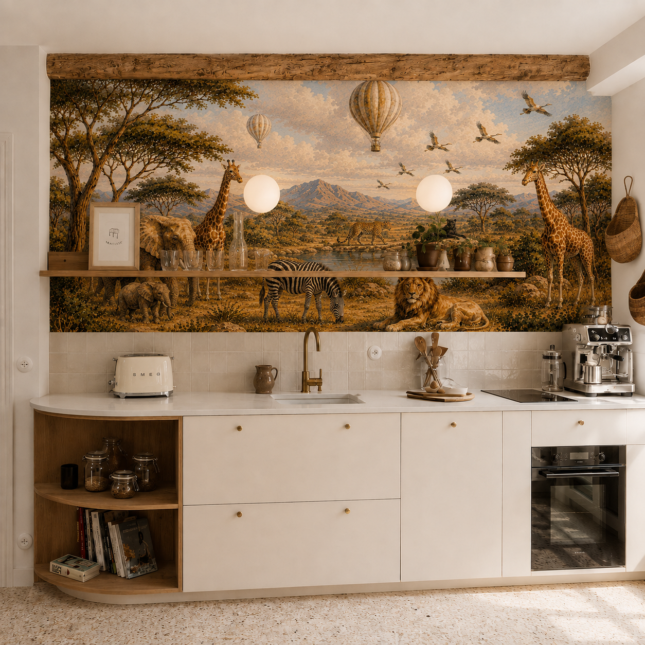 Vintage safari animal wallpaper shown above a modern kitchen with giraffes, elephant, zebra and lion in a golden savanna landscape