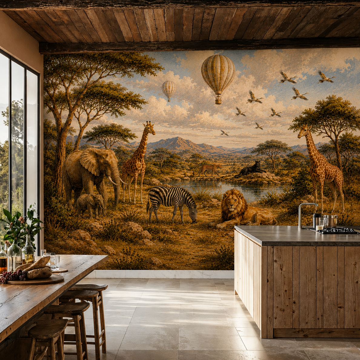 Papier peint safari africain vintage – Papier peint panoramique animaux de la savane
