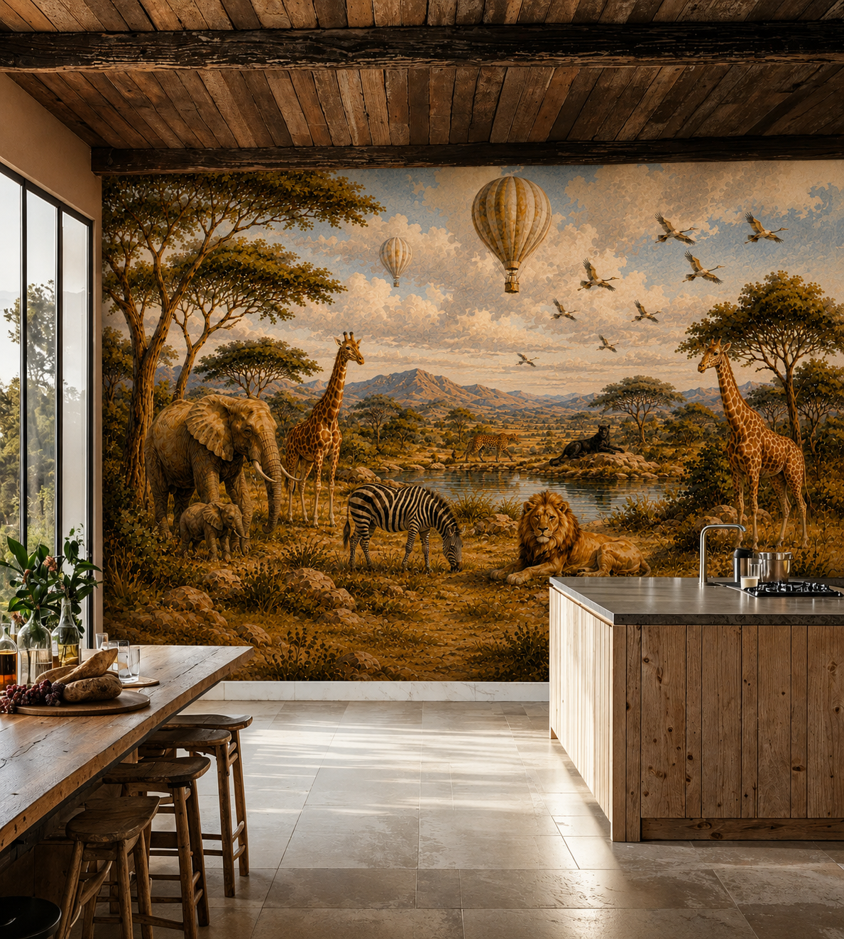 African safari wallpaper mural with elephants, giraffes, zebra, lion, leopard, acacia trees, mountains and hot air balloons
