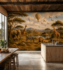 African safari wallpaper mural with elephants, giraffes, zebra, lion, leopard, acacia trees, mountains and hot air balloons