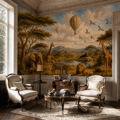 African savanna wall mural displayed in a rustic kitchen with elephants, giraffes, zebra, lion and hot air balloons