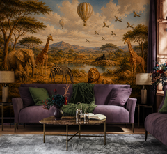 Luxury safari wallpaper with African wildlife shown in an elegant classic living room with vintage furniture and ornate molding