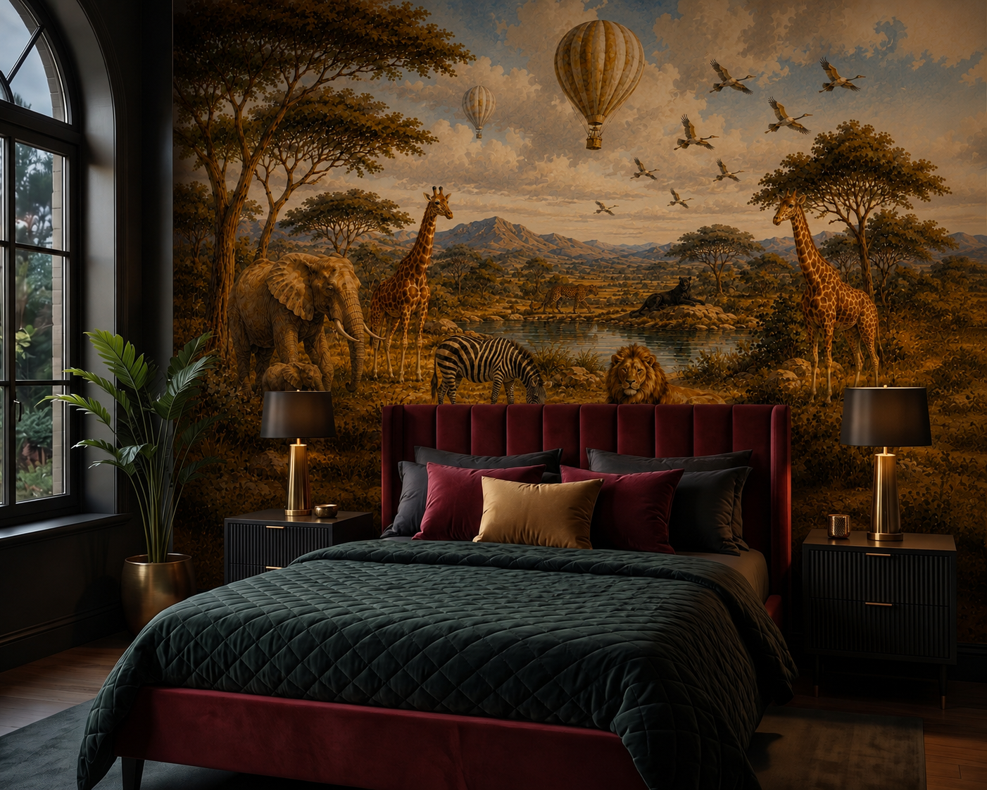 Dark safari animal wallpaper displayed behind a purple sofa with lion, elephant, giraffes, zebra and golden African landscape.