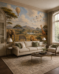 African savanna animal wallpaper displayed in an elegant living room with lion, elephant, zebra and giraffe.
