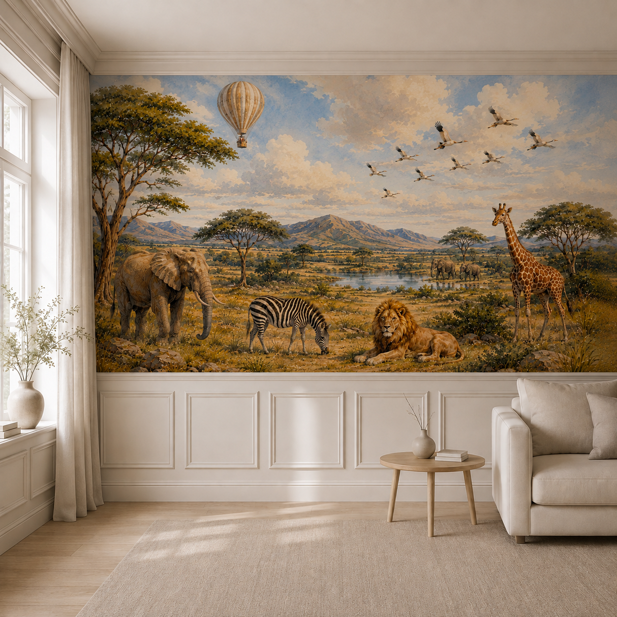 Panoramic safari wall mural installed above classic wall molding in a bright neutral living room.
