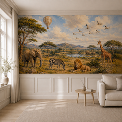 Panoramic safari wall mural installed above classic wall molding in a bright neutral living room.