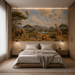 African wildlife wallpaper shown behind a modern bedroom bed with lion, elephant, giraffe, zebra and hot air balloon.