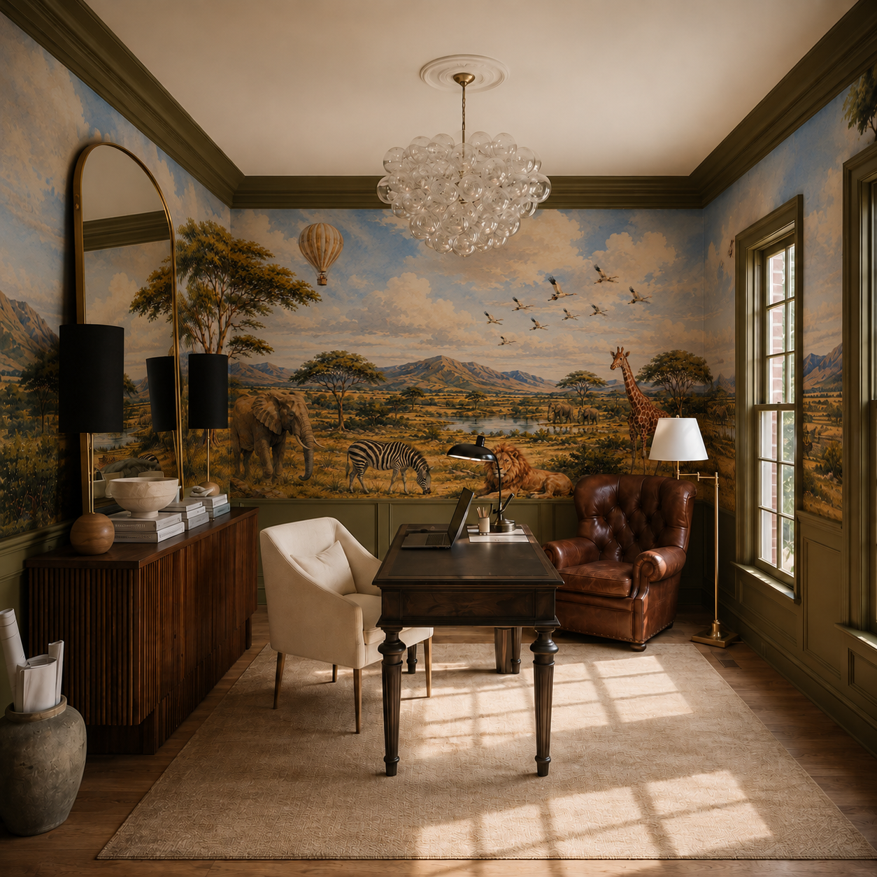 African safari wallpaper mural with lion, elephant, zebra, giraffe, acacia trees, mountains, birds and hot air balloon.