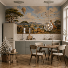Safari wallpaper wrapping the walls of a sophisticated home office with African animals and savanna landscape.