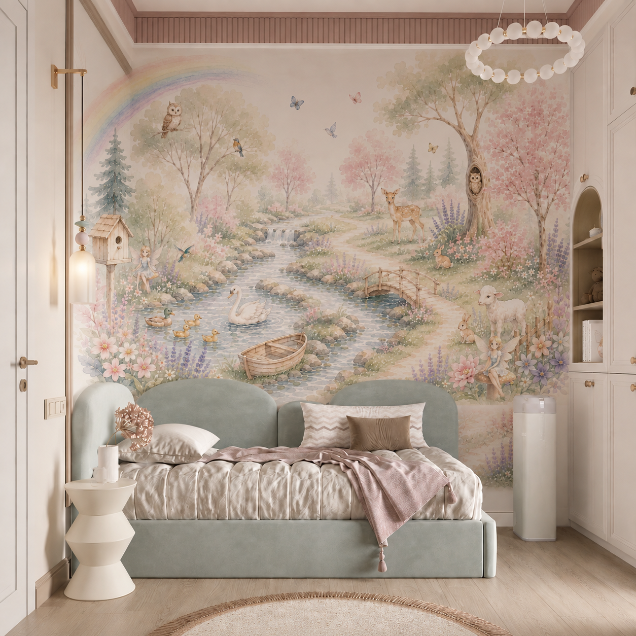Pastel woodland wallpaper with deer, swan, bunnies, owls and fairies displayed behind a kids bed and play table.