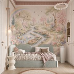 Pastel woodland wallpaper with deer, swan, bunnies, owls and fairies displayed behind a kids bed and play table.