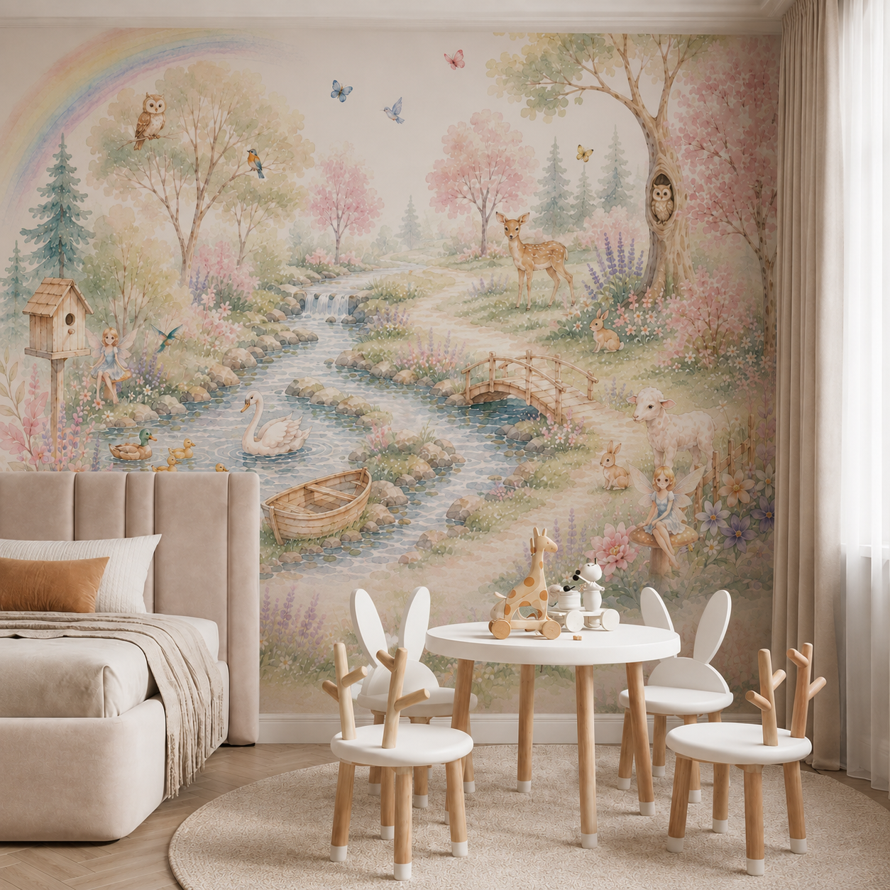 Fairy forest nursery wallpaper with rainbow, deer, swan, owls, rabbits and floral stream scene behind a wooden crib.