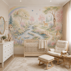 Pastel fairy woodland wallpaper with deer, swan, bunnies, owls, rainbow, flowers and a peaceful forest stream.