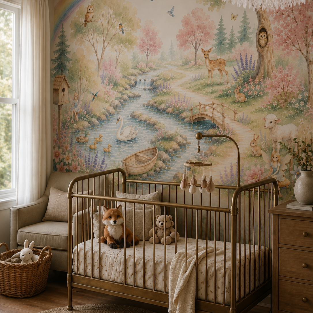 Fairy woodland wall mural shown in a soft kids bedroom with deer, swan, rainbow, bridge and pastel forest scenery.