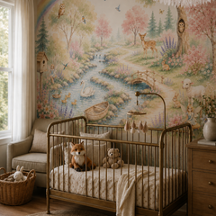 Fairy woodland wall mural shown in a soft kids bedroom with deer, swan, rainbow, bridge and pastel forest scenery.